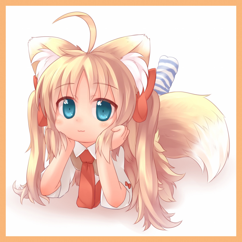 1girl :3 animal_ears blonde_hair blush borrowed_character chisa_(kuroneko_liger) fox_ears fox_tail highres long_hair lying necktie on_stomach original simple_background smile solo striped tail ueno_musashi white_background