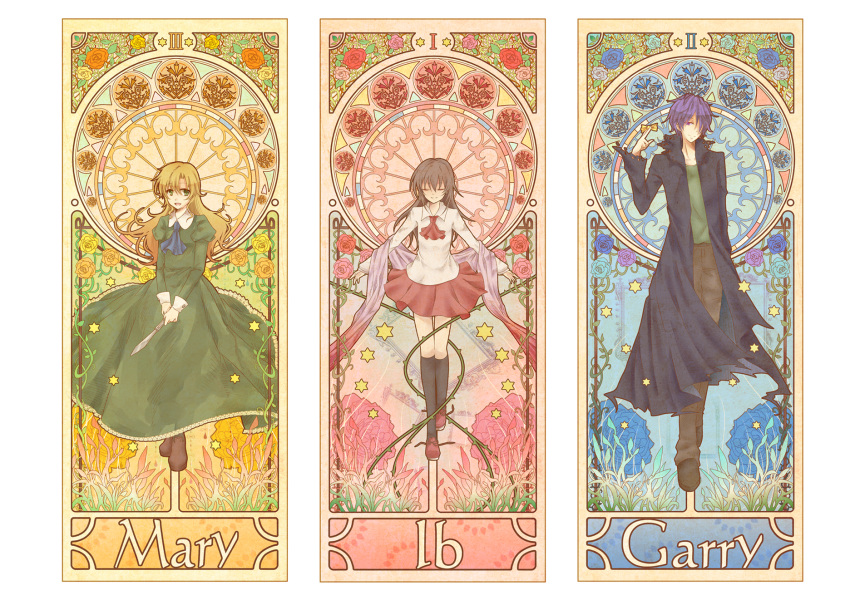 1boy 2girls art_nouveau bangs belt blonde_hair border brown_hair candy character_name closed_eyes clothes coat collarbone collared_shirt cravat dress flower garry_(ib) green_dress green_eyes hair_over_one_eye highres holding ib ib_(ib) impossible_clothes knife long_hair mary_(ib) messy_hair mokoppe multiple_girls open_mouth pants payot puffy_sleeves purple_hair red_skirt rose shadow shirt shoes short_hair skirt smile star vines violet_eyes white_border white_shirt