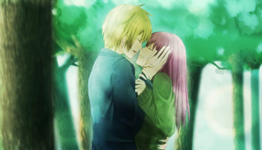 1boy 1girl artist_request blonde_hair closed_eyes couple forest hand_on_another's_face height_difference hetero highres holding_arm long_hair nature original purple_hair redhead short_hair smile sweater tree