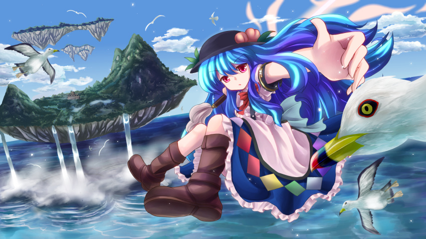 1girl bird blue_hair blue_sky boots clouds floating_island flying food foreshortening fruit hat highres hinanawi_tenshi knees_together_feet_apart knees_up layered_dress leaf light_particles long_hair looking_at_viewer ocean outdoors outstretched_hand parted_lips peach puffy_short_sleeves puffy_sleeves red_eyes seagull short_sleeves sky solo sword_of_hisou t.m_(aqua6233) touhou water waterfall