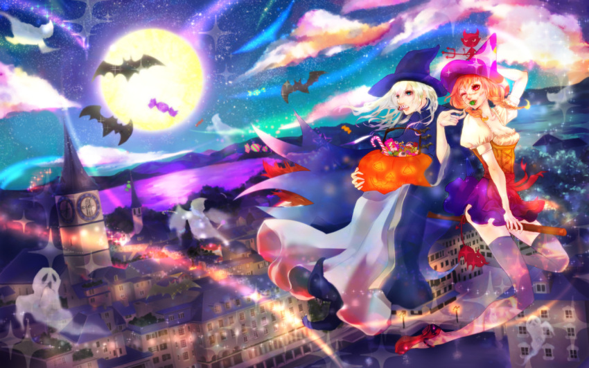 bat blonde_hair braid breasts broom broom_riding building candy cape city cleavage clock clock_tower clouds dress eating flying ghost green_eyes halloween hand_on_own_head hat imp jack-o'-lantern lake lollipop long_hair magic moon mouth_hold night night_sky num_(zombie_headline) original pink_hair puffy_sleeves pumpkin red_eyes shoes short_sleeves skirt sky sparkle star_(sky) stitches thigh-highs tower twin_braids wink witch_hat