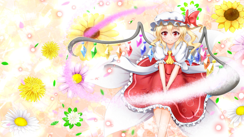 1girl ascot blonde_hair daisy dandelion flandre_scarlet floral_background flower from_above hands_in_lap hat hat_ribbon highres light_trail looking_at_viewer mob_cap puffy_short_sleeves puffy_sleeves red_eyes ribbon short_hair short_sleeves side_ponytail sitting_on_object skirt skirt_set smile solo touhou v_arms wings ymd_(holudoun)