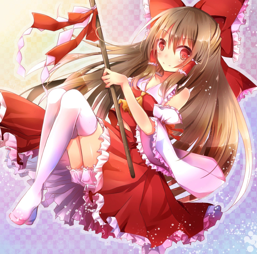 1girl ascot bare_shoulders bloomers bow brown_hair checkered checkered_background detached_sleeves gohei gradient gradient_background hair_bow hair_tubes hakurei_reimu highres kisaragi_yuri knees_up light_particles long_hair looking_at_viewer no_shoes outline payot red_eyes skirt skirt_set smile solo thigh-highs touhou underwear