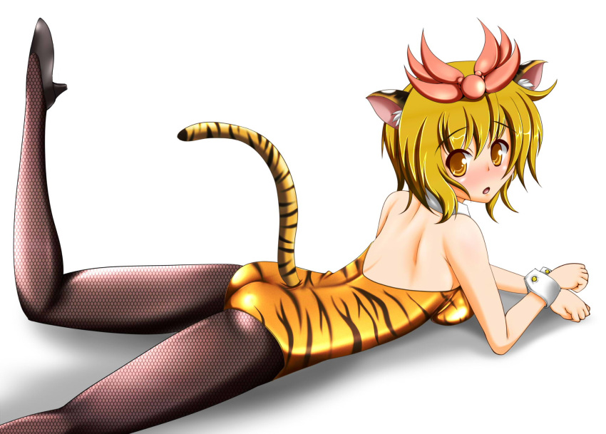 1girl alternate_costume animal_ears arm_support ass backless_outfit bare_shoulders blonde_hair blush collar fishnet_pantyhose fishnets hair_ornament high_heels highres kemonomimi_mode leg_up leotard looking_at_viewer lying on_stomach open_mouth pantyhose shadow short_hair simple_background solo tail tera_hiroshi tiger_ears tiger_print tiger_tail toramaru_shou touhou white_background wrist_cuffs yellow_eyes