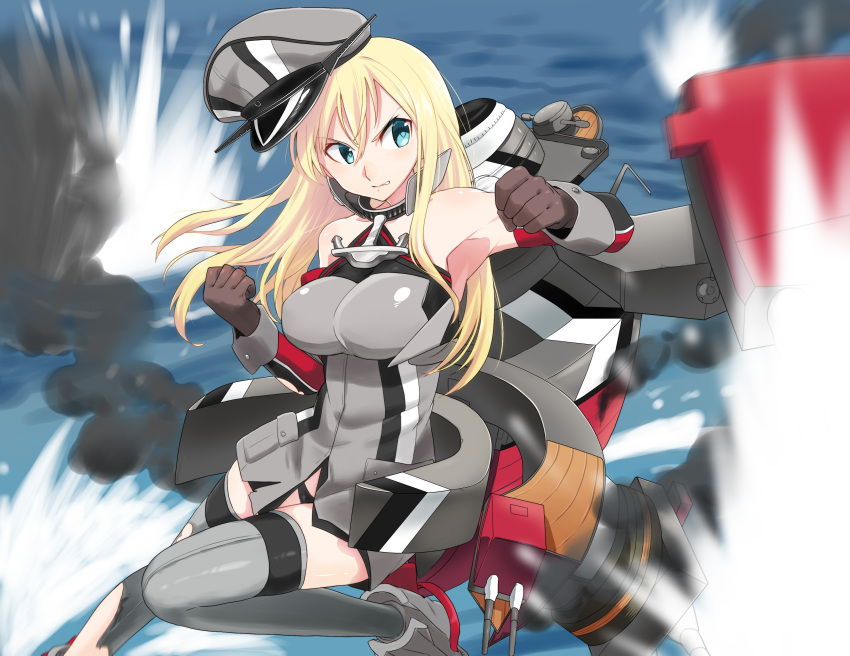 1girl absurdres anchor bare_shoulders bismarck_(kantai_collection) blonde_hair blue_eyes cannon grey_legwear hat highres kantai_collection long_hair military military_hat military_uniform ocean personification smoke solo thigh-highs torn_clothes turret uniform weapon