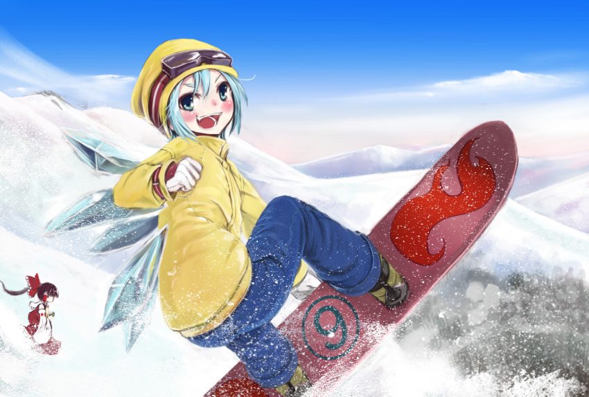 (9) caesar8149 cirno goggles hakurei_reimu highres open_mouth snow snowboard snowboarding touhou winter_clothes