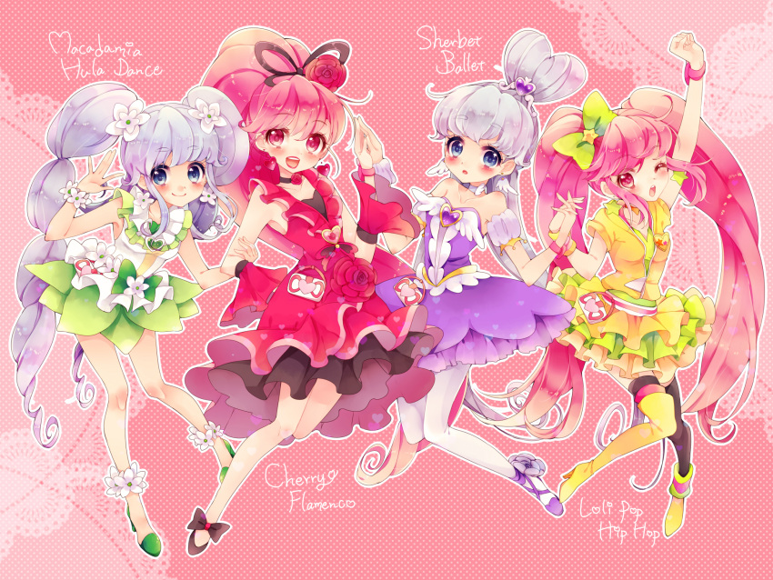 4girls :d aino_megumi alternate_form arm_grab arm_up ballerina blue_eyes blue_hair blue_skirt blush bow cherry_flamenco choker cure_lovely cure_princess dress dual_persona earrings flower frills green_skirt hair_bow hair_bun hair_flower hair_ornament half_updo hands_together happinesscharge_precure! highres holding_hands jewelry lipstick lollipop_hip_hop long_hair macadamia_hula_dance magical_girl makeup mismatched_footwear multiple_girls open_mouth pantyhose pink_background pink_eyes pink_hair polka_dot polka_dot_background ponytail precure red_dress red_rose rose sherbet_ballet shirayuki_hime shoes skirt smile strapless_dress thigh-highs tiara twintails uzuki_aki white_legwear wink wrist_cuffs yellow_skirt