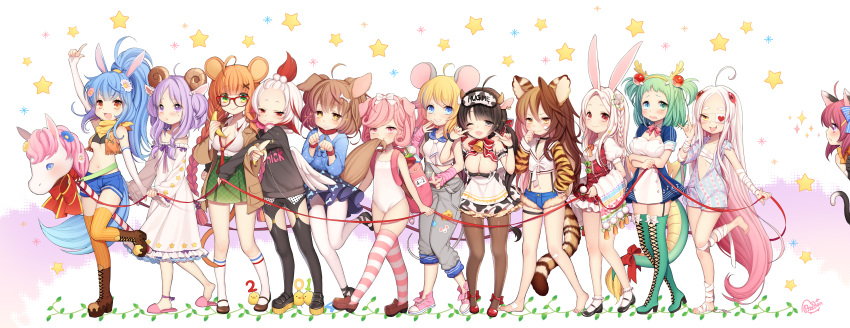 6+girls absurdres animal_ears bird blush braid breasts budget_sarashi byulzzimon cat_ears cat_tail chick chinese_zodiac cleavage cow_ears cow_horns cow_tail cutoffs dog_ears dog_tail dragon_horns dragon_tail dress goat_ears goat_horns gradient_hair highres hobby_horse horns horse_ears horse_tail long_hair midriff monkey_ears monkey_tail mouse_ears mouse_tail multicolored_hair multiple_girls one-piece_swimsuit open_mouth original overalls pantyhose pig_ears pig_tail rabbit_ears sarashi short_hair shorts smile striped striped_legwear swimsuit tail thigh-highs tiger_ears tiger_print tiger_tail twin_braids two-tone_hair under_boob wings