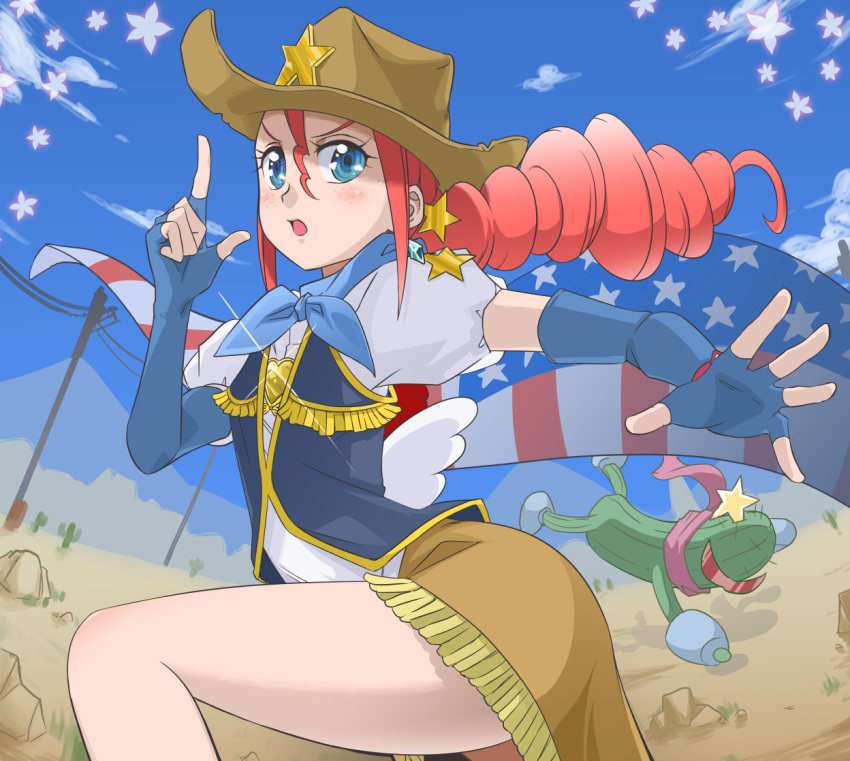 1girl american_flag blue_eyes blush brooch brown_skirt cactus choiark cowboy_hat dongol drill_hair earrings fingerless_gloves freckles fringe gloves happinesscharge_precure! hat jewelry long_hair magical_girl precure red_haired_cure_(bomber_girls_precure)_(happinesscharge_precure!) redhead scarf skirt sky western