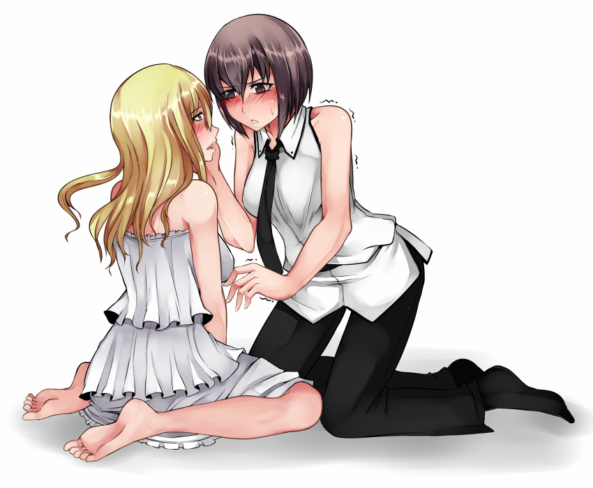 2girls :o adapted_costume aoshima blonde_hair blush brown_eyes brown_hair commentary_request couple dress embarrassed half-closed_eyes hand_on_another's_face highres kneeling long_hair maribel_hearn motion_lines multiple_girls necktie no_hat open_mouth pants short_hair sitting socks strapless_dress sweatdrop touhou usami_renko vest white_background white_dress yellow_eyes yuri