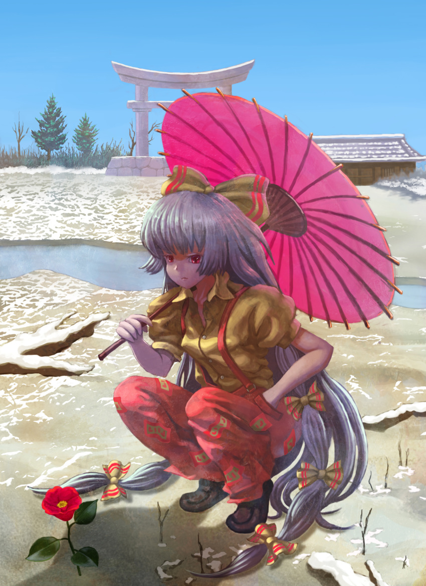 1girl bow commentary_request flower frown fujiwara_no_mokou grey_hair hair_bow hands_in_pockets highres loafers long_hair oriental_umbrella pants red_eyes river rose shirt shoes shrine silver_hair snow solo squatting suspenders syuraime_0 torii touhou umbrella very_long_hair water