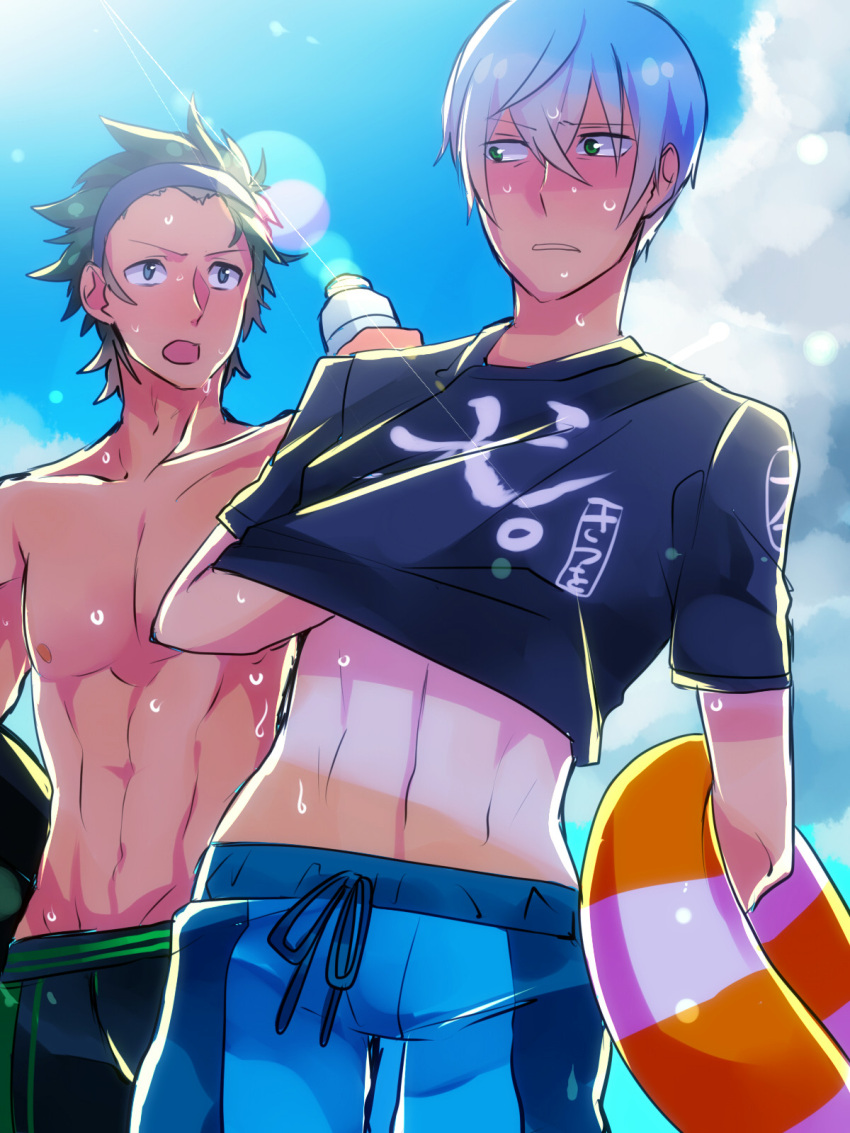 2boys blue_hair ebippoid green_hair headband highres innertube inumuta_houka kill_la_kill male multiple_boys no_glasses sanageyama_uzu shirt_lift shirtless sweat swim_trunks