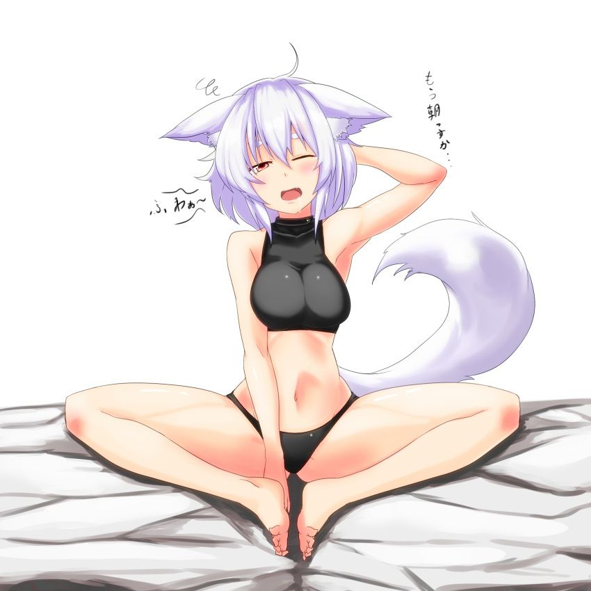 1girl ahoge animal_ears bare_shoulders bed black_panties blush breasts feet hand_on_head highres inubashiri_momiji karaage_(ta-na) large_breasts looking_at_viewer midriff navel no_shoes panties red_eyes saliva short_hair silver_hair sitting solo tail touhou translation_request underwear wink wolf_ears wolf_tail