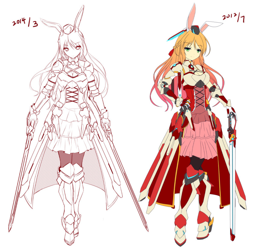 1girl animal_ears armor armored_dress before_and_after black_legwear breastplate breasts brown_hair cleavage comparison dated dual_wielding elke_schumann fatkewell gauntlets gradient_hair greaves green_eyes hand_on_hip multicolored_hair pantyhose rabbit_ears rough sketch sword weapon