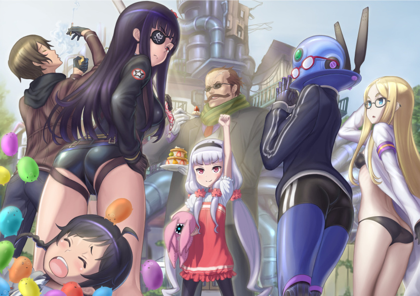 3boys 3girls ahoge ass bangs bike_shorts black_bra black_gloves black_hair black_panties blonde_hair blue_eyes blunt_bangs blush bra cigarette eyepatch glasses gloves half_gloves highres hoshimiya_kate jimon_asuta kurukuru kyodairobo labcoat long_hair lowleg lowleg_panties morozumi_yasube multiple_boys multiple_girls natasha_(sekai_seifuku) open_mouth panties red_eyes roboko_(sekai_seifuku) robot sekai_seifuku:_bouryaku_no_zvezda shikabane_gorou shikabane_itsuka shorts silver_hair smile smoking track_jacket underwear