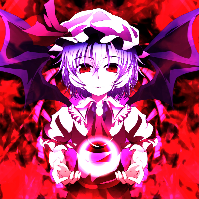 1girl ascot bat_wings bow colorful hat hat_bow highres kotaroukuroo lavender_hair looking_at_viewer mob_cap puffy_sleeves red red_eyes remilia_scarlet shirt short_sleeves smile solo touhou wings