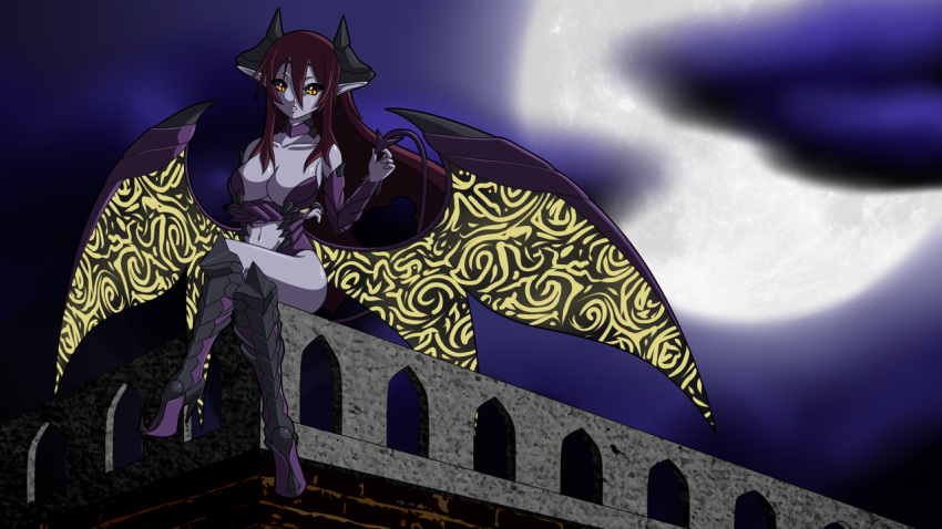1girl bare_shoulders black_sclera boots breast_hold breasts bridal_gauntlets center_opening choker cleavage clouds cloudy_sky crossed_legs demon_girl demon_horns demon_tail demon_wings eikouta fearless_night full_moon hell_princess horns knee_boots large_breasts long_hair moon navel night night_sky pointy_ears purple_skin redhead sitting sky solo tail wings yellow_eyes