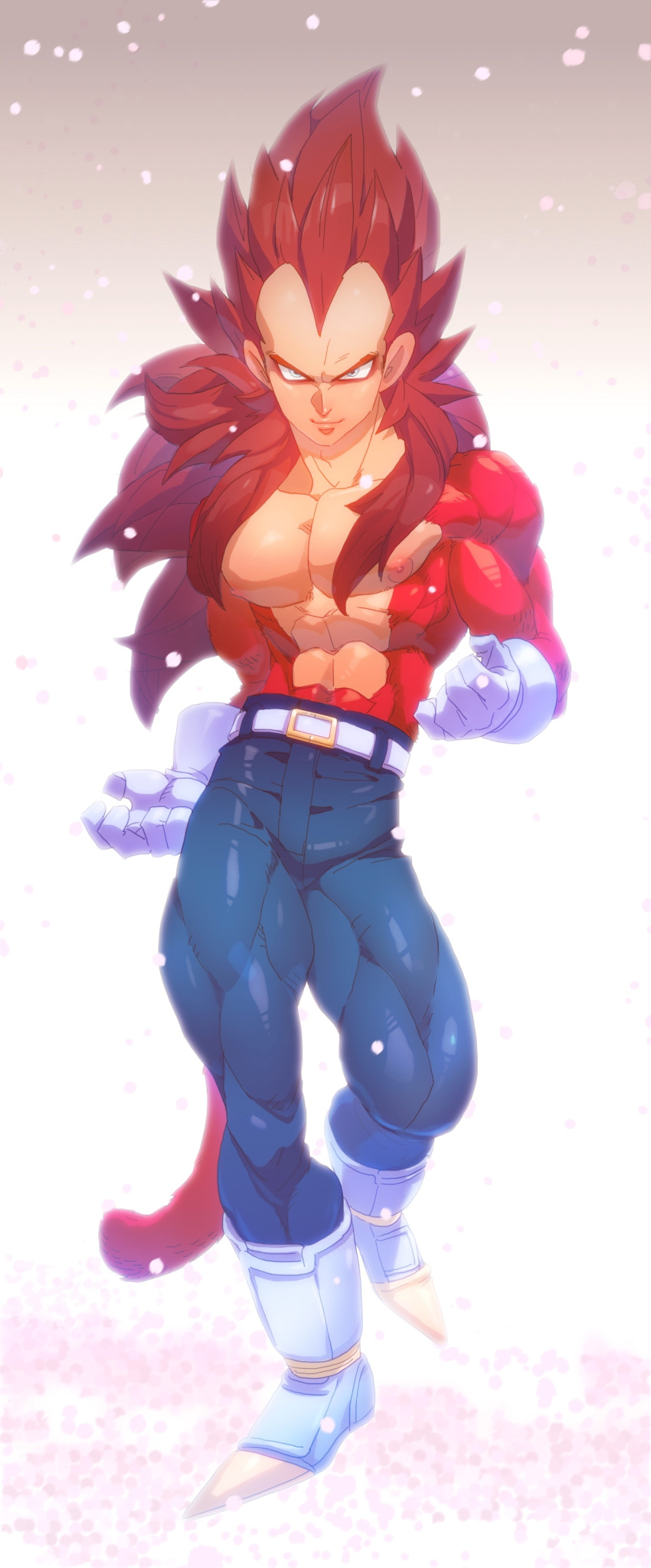 1boy abs absurdres backlighting belt black_hair blue_eyes boots clenched_hands dragon_ball dragon_ball_z fur gloves highres long_hair looking_at_viewer male muscle nipples pants shirtless skin_tight smile spiky_hair standing super_saiyan supobi tail vegeta