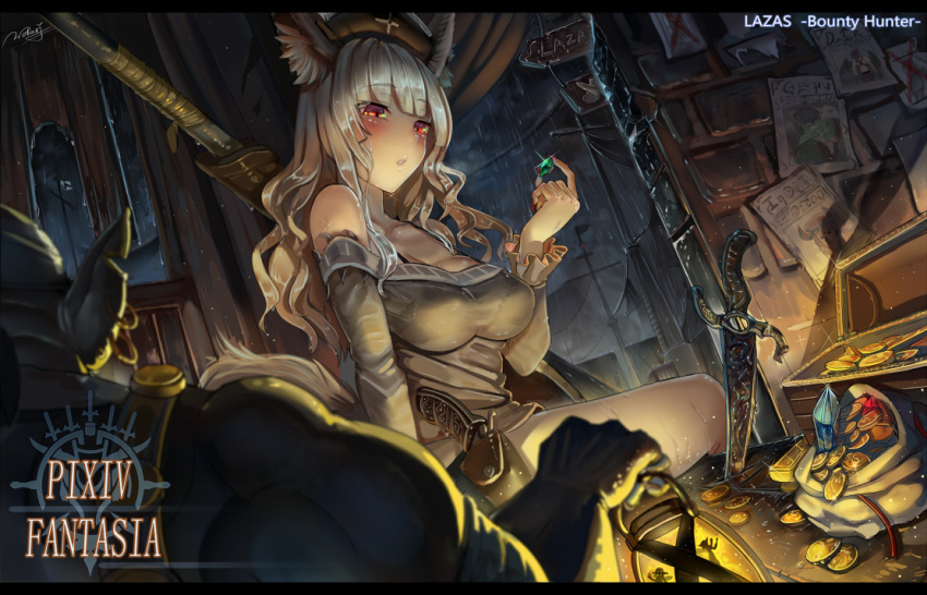 1boy 1girl bag bangs bare_shoulders chest coin dagger detached_sleeves gem gold hat holding lantern letterboxed long_hair pixiv_fantasia planted_weapon red_eyes silver_hair sitting solo_focus tail walzrj weapon wet wet_clothes