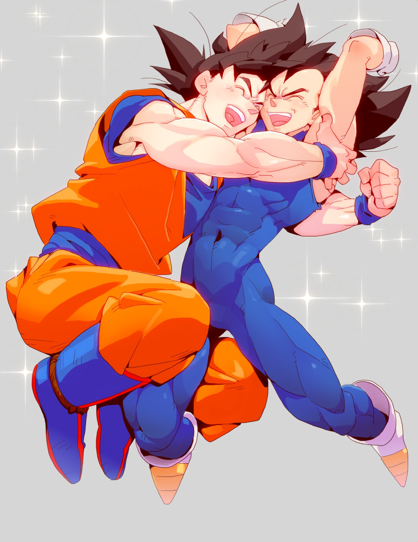 2boys abs absurdres arms_up black_hair bodysuit boots clenched_hand clothed_navel dragon_ball dragon_ball_z gloves grey_background highres hug jumping legs_folded male multiple_boys muscle open_mouth skin_tight smile son_gokuu sparkle spiky_hair supobi vegeta wristband