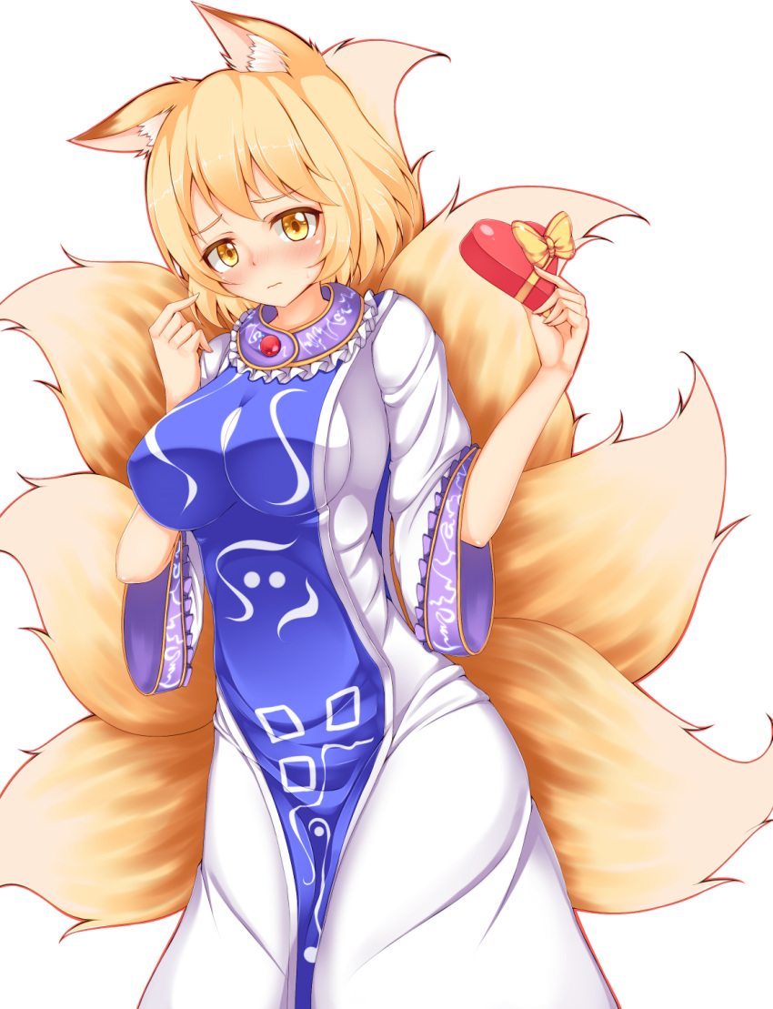 1girl animal_ears blonde_hair blush box breasts fox_ears fox_tail gift gift_box heart highres kuroleo large_breasts looking_at_viewer multiple_tails no_hat simple_background solo tabard tail touhou valentine white_background wide_sleeves yakumo_ran yellow_eyes