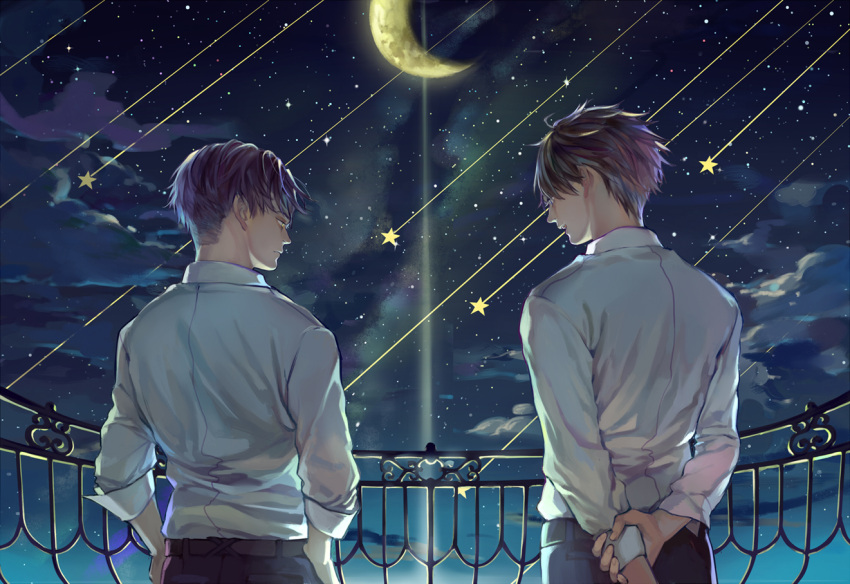 2boys arms_behind_back belt black_hair clouds crescent_moon dress_shirt eren_jaeger eye_contact folded_sleeves from_behind hair hands_on_hips levi_(shingeki_no_kyojin) looking_at_another male moon multiple_boys night night_sky open_mouth pants profile railing shingeki_no_kyojin shirt shooting_star short sky smile standing star star_(sky) starry_sky wind yuukaku
