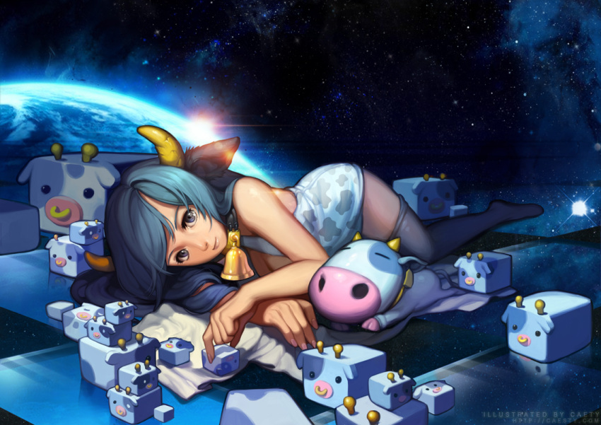 1girl animal animal_ears bell bell_collar black_legwear blue_eyes blue_hair caesty chibi cleavage_cutout collar cow_bell cow_ears cow_horns cow_print cube earth horns lens_flare long_hair looking_at_viewer lying on_side sleeveless smile space thigh-highs watermark web_address