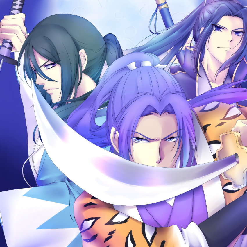 3boys assassin_(fate/stay_night) black_hair blue_hair crossover fate/stay_night fate_(series) hakuouki_shinsengumi_kitan harukanaru_toki_no_naka_de highres hijikata_toshizou_(hakuouki) katana long_hair luluyama miki_shin'ichirou minamoto_no_yorihisa multiple_boys multiple_crossover ponytail purple_hair samurai seiyuu_connection sword weapon