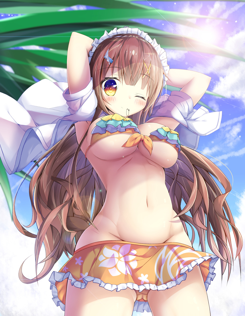 1girl ;) absurdres adjusting_hair arms_up bikini breasts brown_hair cleavage hair_ornament hairclip highres large_breasts long_hair lowleg lowleg_bikini maid_headdress maritaki mouth_hold navel one_eye_closed original smile solo swimsuit under_boob very_long_hair