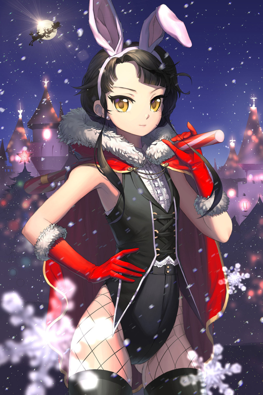 1girl animal_ears antlers bare_shoulders black_hair bunny_girl bunnysuit candy candy_cane cape castle christmas christmas_tree corset earrings fishnet_pantyhose fishnets flat_chest full_moon gloves highres holding jewelry mole moon moonlight night night_sky pantyhose rabbit_ears reindeer santa_claus short_hair sita_vilosa sky smile snow snowflakes snowing solo star sword_girls thigh-highs yellow_eyes