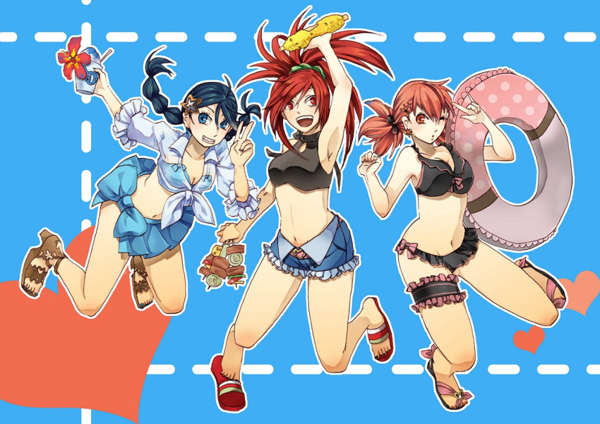 3girls \m/ akane_(pokemon) armpits asuna_(pokemon) bikini black_hair blue_eyes bow braid breasts cleavage corn earrings flip-flops flower food garters grin gym_leader hair_ornament hairclip hibiscus innertube jewelry jumping kebab large_breasts meat miniskirt multiple_girls navel pink_eyes pink_hair pokemon pokemon_(game) pokemon_dppt pokemon_hgss pokemon_rse ponytail red_eyes redhead sandals scrunchie shaved_ice skirt smile suzuna_(pokemon) swimsuit tankini teasage tied_shirt toenail_polish toes twin_braids twintails v