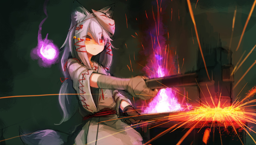 +_+ 1girl :&lt; animal_ears bell blue_hair eyebrows flame fox_ears fox_mask hair_bell hair_ornament hair_ribbon hammer japanese_clothes mask molten_metal noconol original ponytail red_eyes ribbon solo sparks thick_eyebrows traditional_clothes wavy_hair