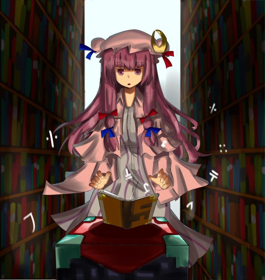 1girl book bow crescent_hair_ornament dress hair_bow hair_ornament highres hinami047 library long_hair magic minecraft mob_cap patchouli_knowledge purple_hair solo touhou violet_eyes