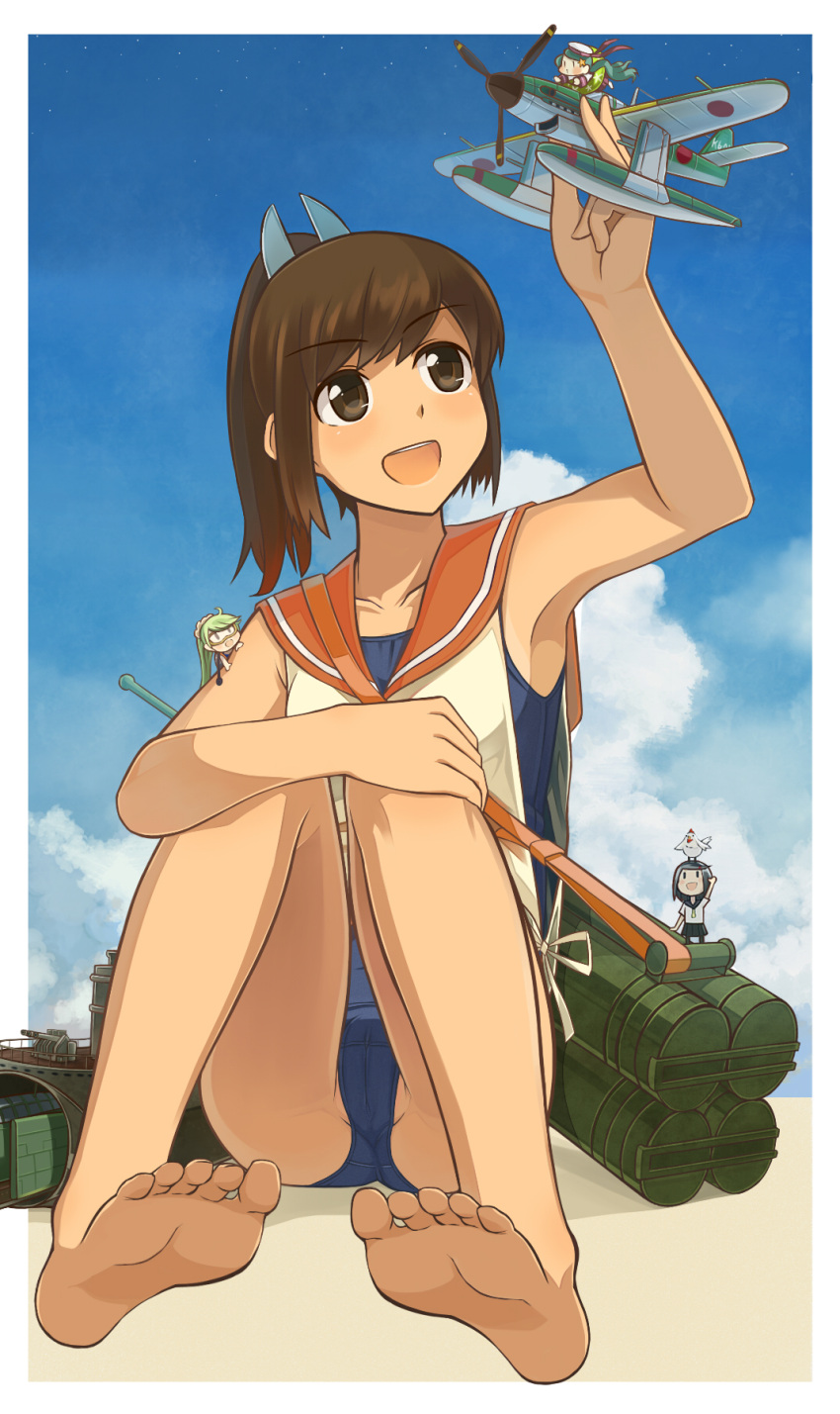4girls airplane armpits barefoot bird brown_eyes brown_hair character_request feet highres i-401_(kantai_collection) kantai_collection kazumania minigirl multiple_girls open_mouth personification ponytail school_swimsuit school_uniform short_hair sitting swimsuit