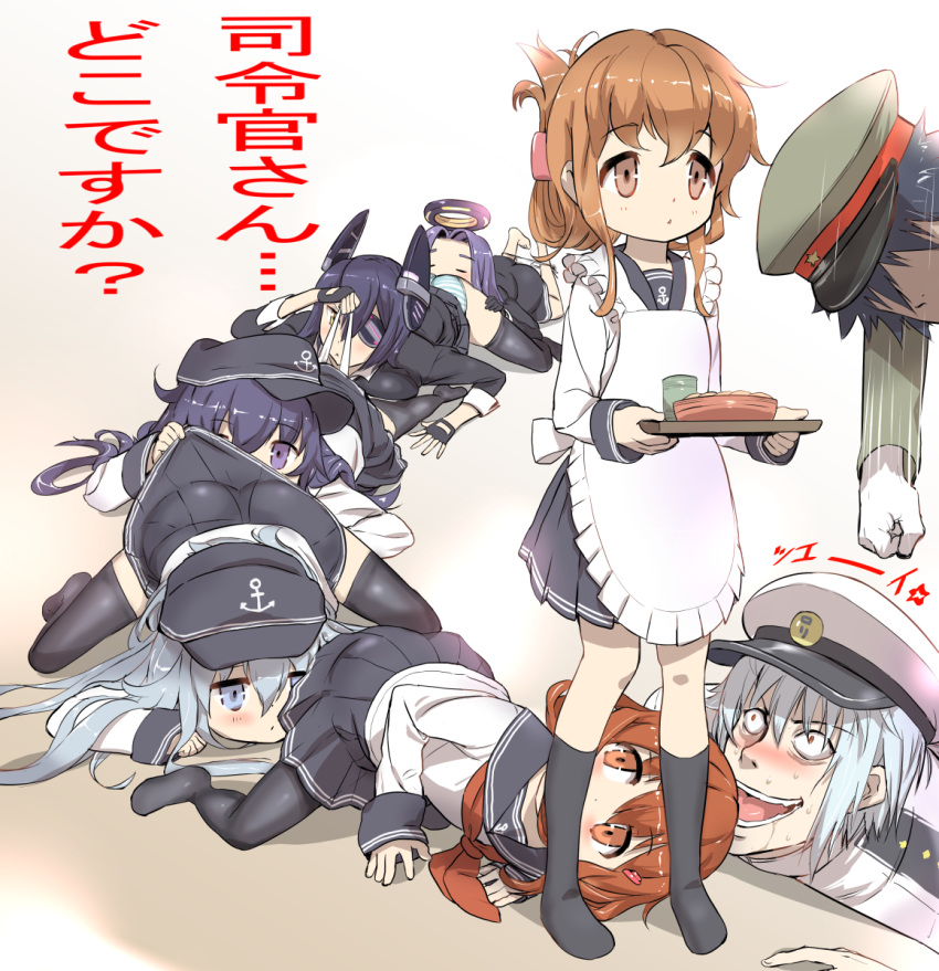 2boys 6+girls accelerator akatsuki_(kantai_collection) apron black_legwear blue_eyes blush brown_eyes brown_hair crossover eyepatch folded_ponytail gloves hair_ornament hairclip hat headgear hibiki_(kantai_collection) highres ikazuchi_(kantai_collection) inazuma_(kantai_collection) kamijou_touma kantai_collection long_hair multiple_boys multiple_girls mushi_gyouza open_mouth panties personification purple_hair school_uniform serafuku short_hair silver_hair skirt tatsuta_(kantai_collection) tenryuu_(kantai_collection) thigh-highs to_aru_majutsu_no_index translated underwear yellow_eyes