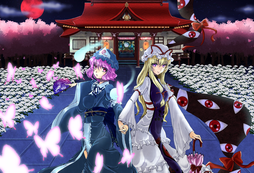 2girls akichiasu armband blonde_hair blue_fire breasts butterfly cherry_blossoms clouds east_asian_architecture eyeballs fan fire flower folding_fan full_moon gap hair_between_breasts hat hat_ribbon highres hitodama holding_hands interlocked_fingers japanese_clothes juliet_sleeves kikkoman kimono layered_dress long_hair long_sleeves looking_at_viewer mirror mob_cap moon multiple_girls night obi outdoors outstretched_arm parted_lips path pink_eyes pink_hair puffy_sleeves red_moon ribbon road saigyouji_yuyuko saigyouji_yuyuko's_fan_design sash short_hair sky smile star_(sky) starry_sky tabard temple touhou tree triangular_headpiece violet_eyes yakumo_yukari