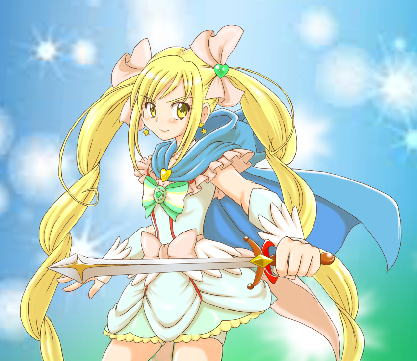1girl blonde_hair blue_background bow cape cure_echo frills hair_ribbon highres hoshikawa_tsukimi light_particles long_hair magical_girl precure precure_all_stars_new_stage:_mirai_no_tomodachi ribbon sakagami_ayumi skirt smile solo sword twintails weapon wrist_cuffs yellow_eyes