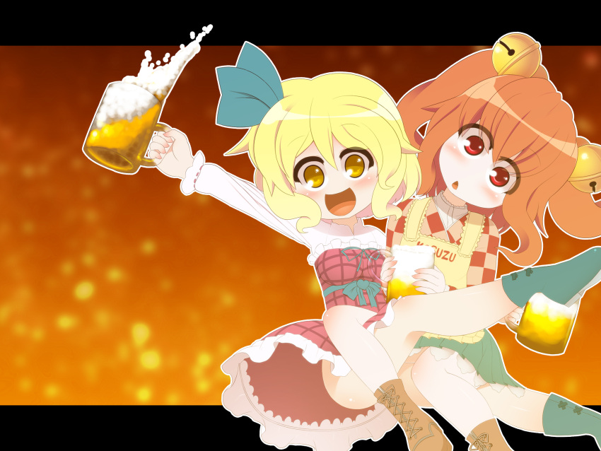 2girls :&lt; :d alcohol beer beerko bell boots brown_hair cup hair_bell hair_ornament highres kuresento legs letterboxed motoori_kosuzu mug multiple_girls no_nose open_mouth red_eyes ribbon skirt smile touhou twintails yellow_eyes