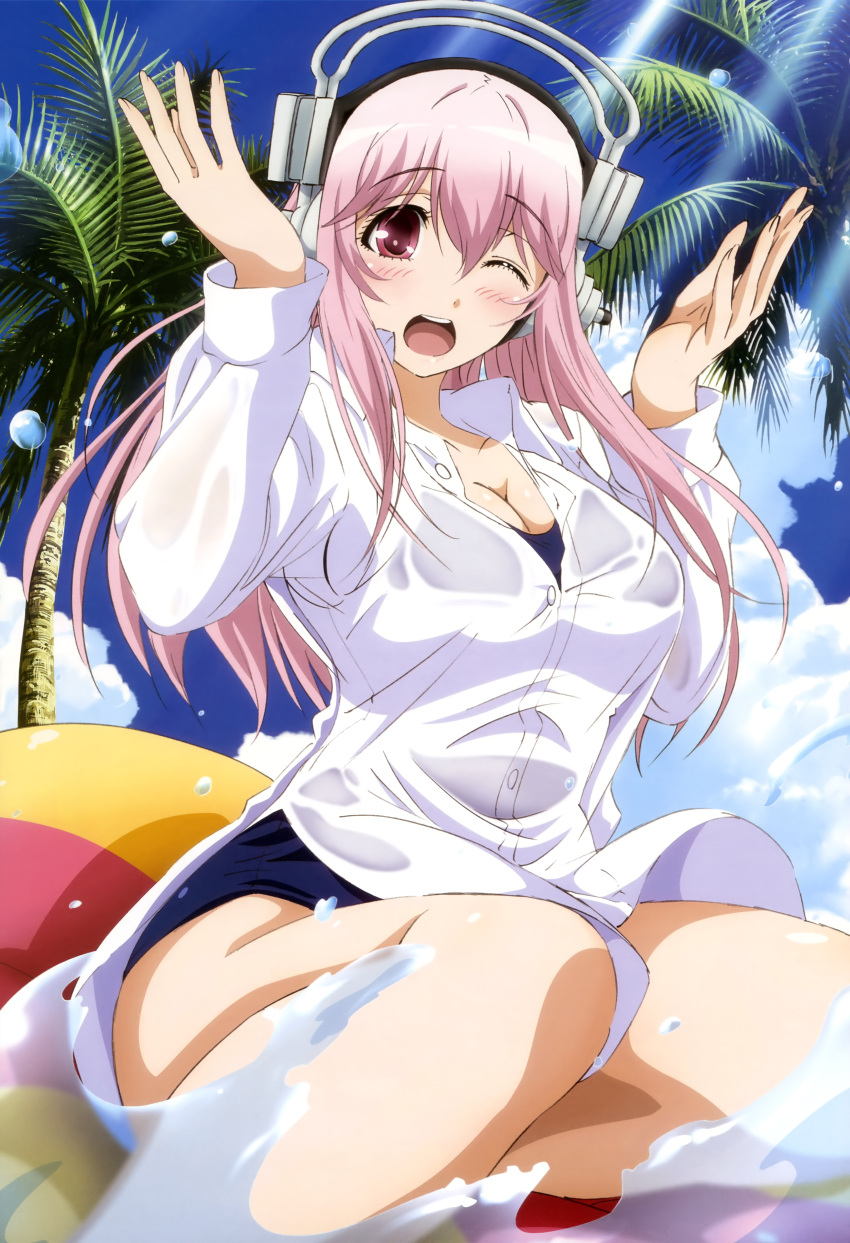 1girl absurdres blush breasts cleavage clouds headphones highres inflatable_raft long_hair nitroplus nyantype official_art open_mouth palm_tree pink_hair red_eyes school_swimsuit shirt sky soniani super_sonico swimsuit swimsuit_under_clothes tree water wet wink