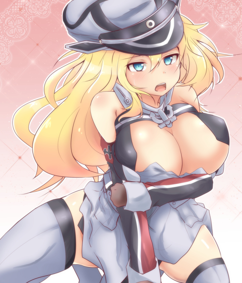 1girl bismarck_(kantai_collection) blonde_hair blue_eyes blush breasts cleavage gloves grey_legwear hat highres kantai_collection long_hair military military_hat military_uniform miyamaru open_mouth peaked_cap personification solo thigh-highs uniform