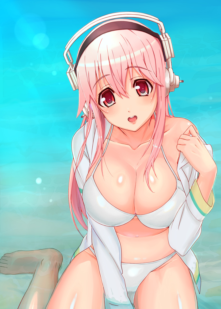 1girl :d absurdres bikini blush breasts cleavage headphones highres large_breasts long_hair looking_at_viewer navel nitroplus open_mouth partially_submerged pink_hair red_eyes shirt smile solo super_sonico swimsuit