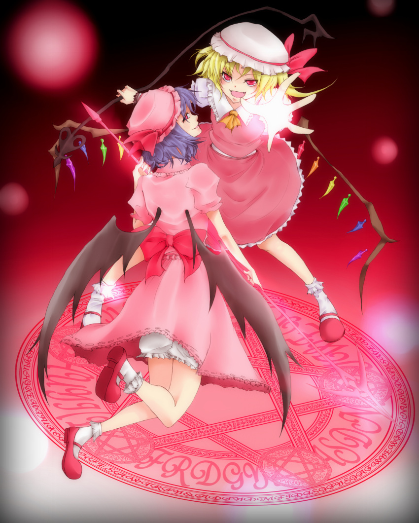2girls absurdres ankle_socks ascot bat_wings blonde_hair bloomers fang flandre_scarlet flying foreshortening from_behind glowing glowing_hand grin hat hat_ribbon head_back highres laevatein lavender_hair light_particles looking_at_viewer looking_back magic_circle mary_janes mob_cap multiple_girls open_mouth outstretched_hand polearm puffy_short_sleeves puffy_sleeves red_background red_eyes remilia_scarlet ribbon shirubia_(mushroom_101) shoes short_hair short_sleeves siblings side_glance side_ponytail sisters skirt skirt_set smile spear touhou underwear weapon wings