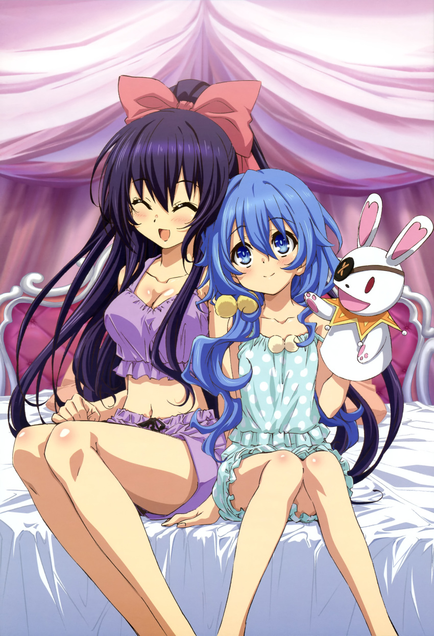 2girls absurdres bed black_hair blue_eyes blue_hair bow breasts cleavage closed_eyes date_a_live eyepatch hair_bow highres legs long_hair multiple_girls nyantype official_art pajamas ponytail stuffed_animal stuffed_toy yatogami_tooka yoshino_(date_a_live)