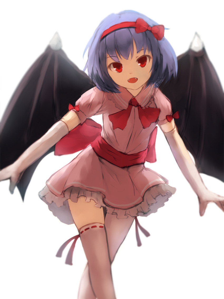 1girl bat_wings blue_hair bow dress fangs flat_chest frilled_dress frilled_skirt frills gloves hair_ornament hair_ribbon headwear_removed highres large_bow looking_at_viewer miniskirt mismatched_legwear no_hat no_headwear open_mouth pink_dress puffy_short_sleeves puffy_sleeves red_eyes remilia_scarlet ribbon shone short_hair short_sleeves simple_background single_thighhigh sitting skirt skirt_set smile solo standing thigh-highs touhou white_background white_gloves white_legwear wings zettai_ryouiki