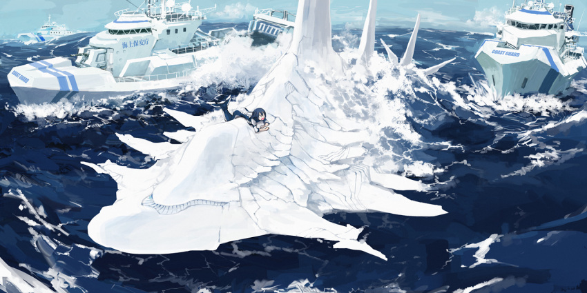 1girl black_hair mechanical_parts mermaid_costume monofin monster ocean original ship short_hair sky tsukuba_masahiro water wetsuit whale