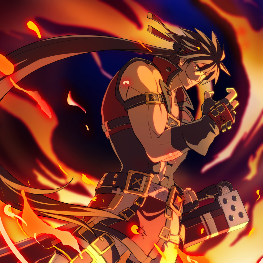 1boy absurdres ane-suisei belt brown_hair fingerless_gloves fire gloves glowing glowing_eyes guilty_gear guilty_gear_xrd headband highres long_hair male muscle ponytail red_eyes smile sol_badguy solo sword weapon