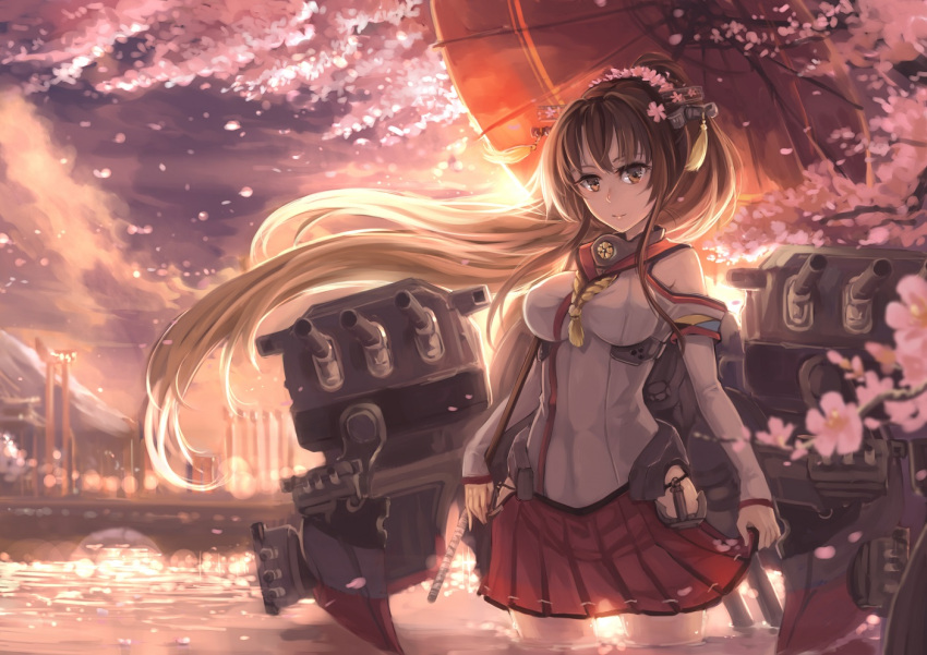 1girl breasts brown_eyes brown_hair flower hair_flower hair_ornament kantai_collection ks long_hair long_sleeves looking_at_viewer machinery oriental_umbrella partially_submerged personification petals pleated_skirt ponytail skirt skirt_hold smile solo umbrella very_long_hair water yamato_(kantai_collection)