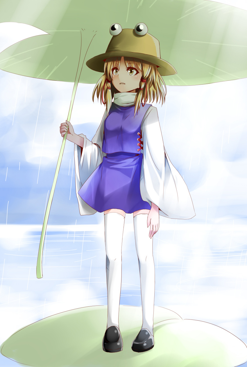 1girl absurdres blonde_hair clouds cloudy_sky hair_ribbon hat high_collar highres karadborg leaf_umbrella lily_pad long_sleeves looking_up moriya_suwako parted_lips payot rain ribbon shoes short_hair skirt skirt_set sky solo thigh-highs touhou water wide_sleeves yellow_eyes zettai_ryouiki