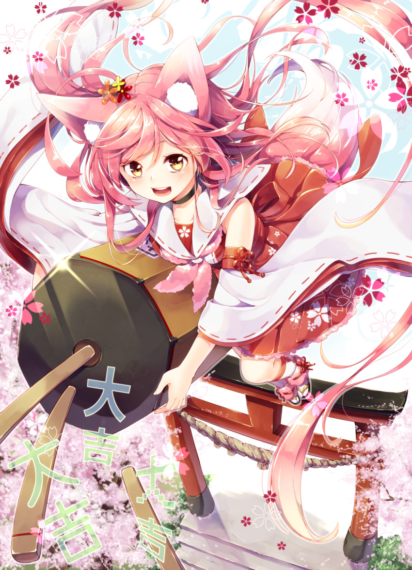 1girl animal_ears bare_shoulders cherry_blossoms dress floral_print flying fox_ears fox_tail hair_ornament highres long_hair looking_at_viewer lottery neckerchief nontraditional_miko open_mouth original pink_hair red_dress sakuragi_ren smile solo tail torii tree very_long_hair wide_sleeves yellow_eyes