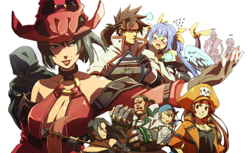 &gt;_&lt; alternate_costume ano_otoko april_(guilty_gear) asymmetrical_wings bandana bare_shoulders belt black_hair blue_hair blush bow breasts brown_hair cell_(dragon_ball) choker cigarette cleavage detached_sleeves dizzy dragon_ball dragon_ball_z faust_(guilty_gear) fingerless_gloves gloves guilty_gear hair_bow halo hat headband i-no ky_kiske large_breasts lipstick long_hair makeup may_(guilty_gear) midriff mole multiple_boys multiple_girls navel open_mouth order_sol photo pirate_hat ponytail portrait_(object) potemkin_(guilty_gear) red_eyes ribbon scythe short_hair skull_and_crossbones smile sol_badguy tail tail_ribbon testament_(guilty_gear) thigh-highs twintails under_boob uniform weapon wings witch_hat